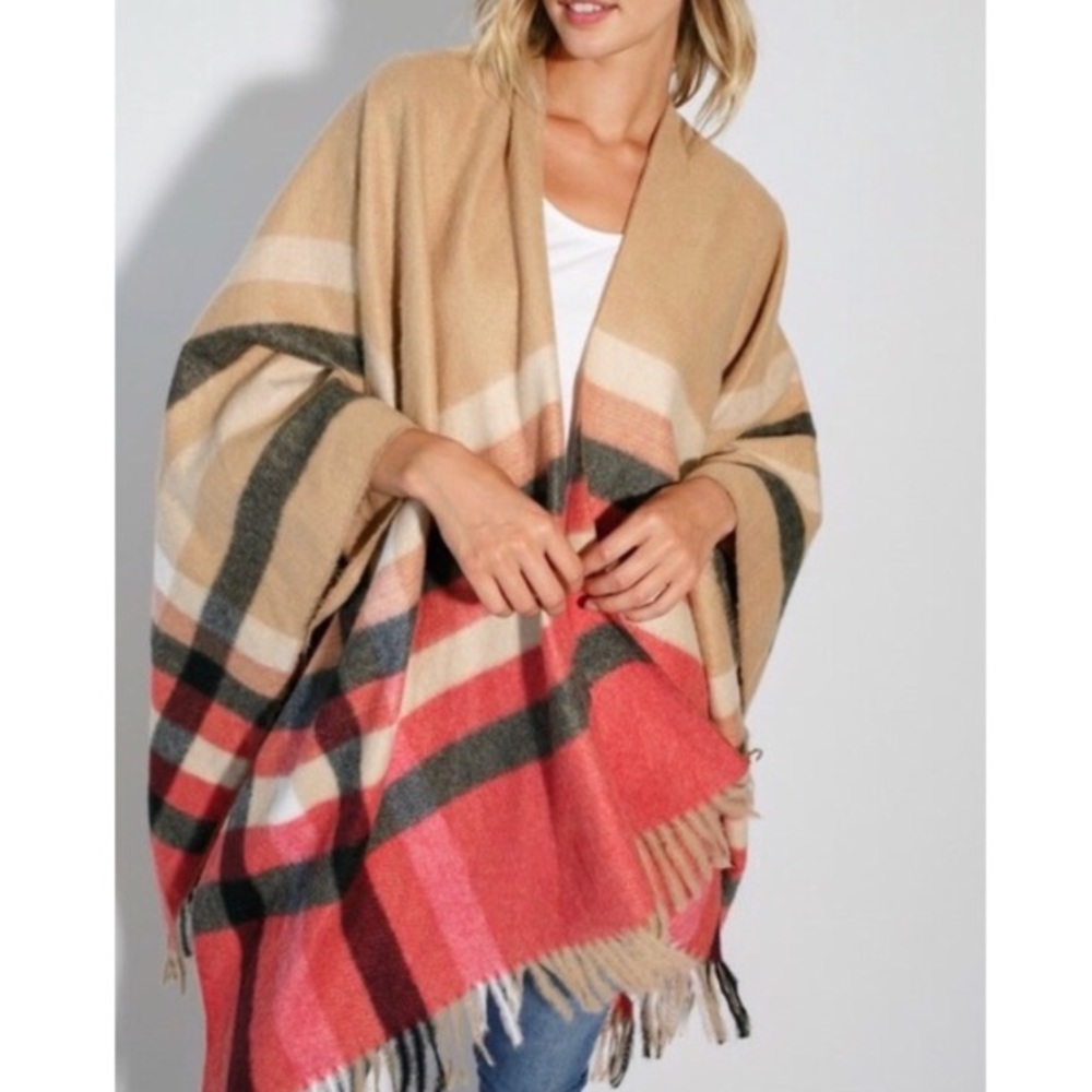 SOLD OUT Multi Color Plaid Fringe Faded Cape Shawl Poncho - Picture 3 of 6
